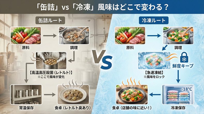 かに味噌の缶詰と冷凍の風味残存イメージ比較
「なぜ冷凍の方が美味しいのか」を、加工プロセスの違いから直感的に理解させる。