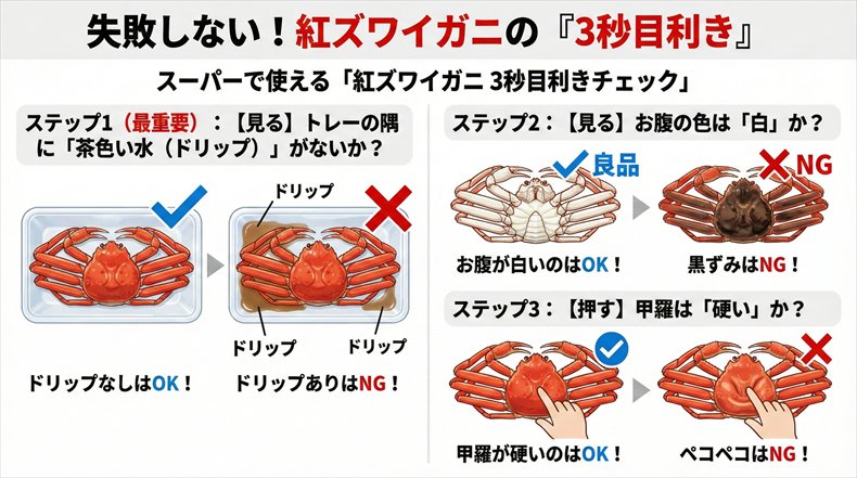 紅ズワイガニの選び方図解。ドリップなし、腹が白い、甲羅が硬いものが良品。